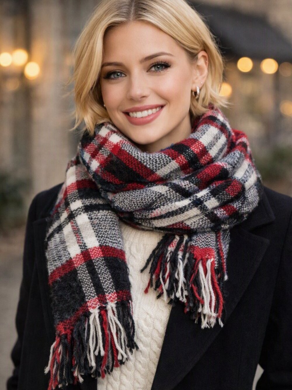 Style & Co Plaid Fringe Scarf – Cozy Red Black White Blanket Wrap, Soft Winter
